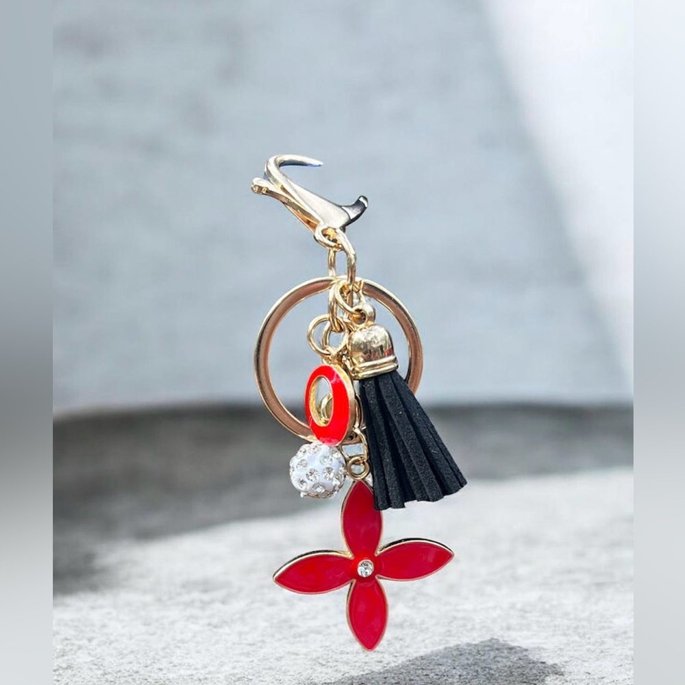 Gold Tone Keychain Bag Charm with Red Clover & Black Tassel